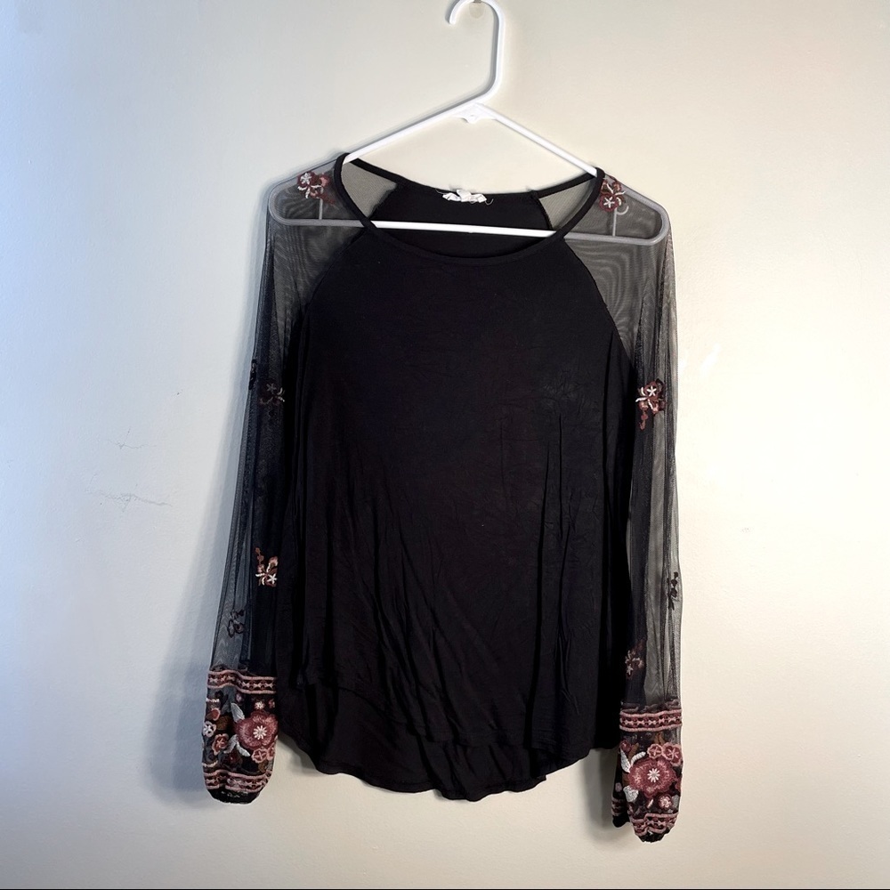 Maurices black sheer long sleeved pink floral embroidered women’s style shirt